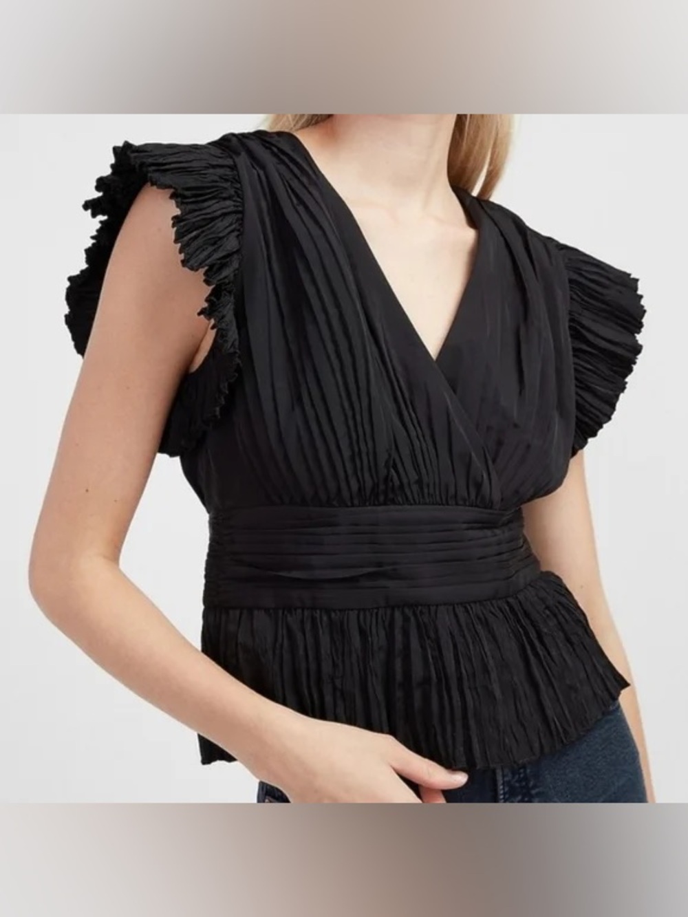 NEW WITH TAGS Express Black Pleated V-Neck Ruffle Sleeve Top Size L